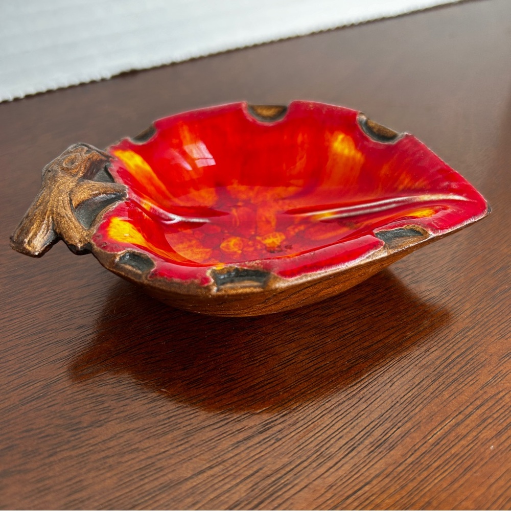 1962 Treasure Craft Leaf Trinket Dish, Red Drip Glaze